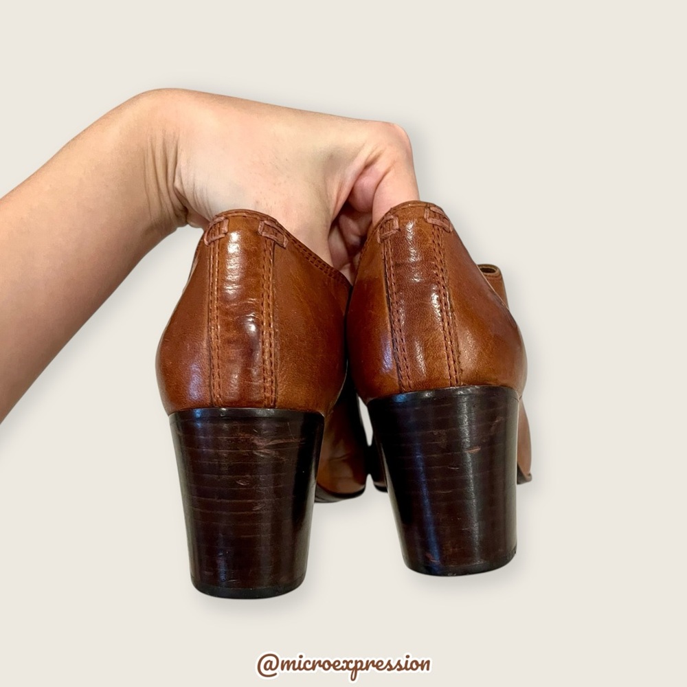 TAYLOR SWIFT Frye Carson Lace-Up Brown Cognac Leather Heeled Oxford Ankle Bootie - Picture 15 of 16